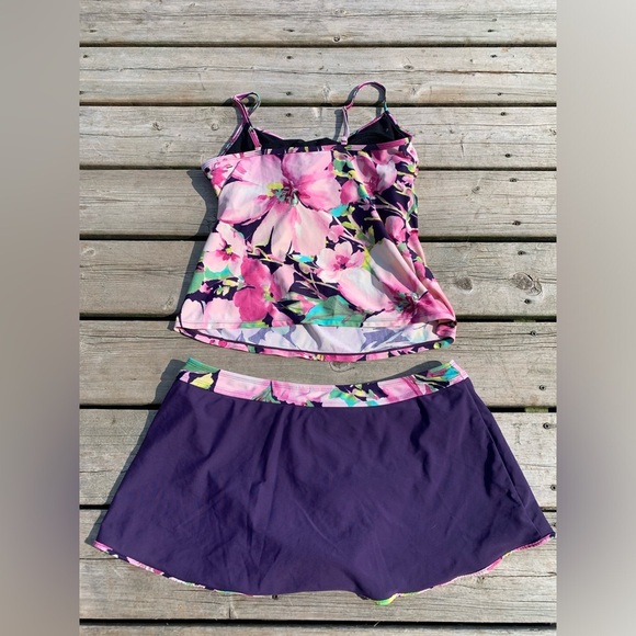 💙 Floral Tankini Top & Skirted Bottom Swimsuit - Size 16 - Picture 6 of 7